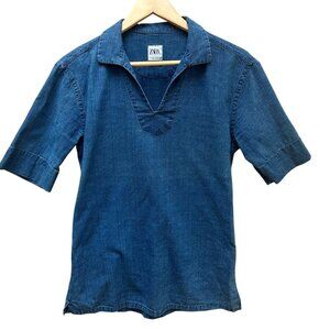 Zara Womens‎ Relaxed Fit Blue Denim Short Sleeve Shirt Boho Preppy Size M
